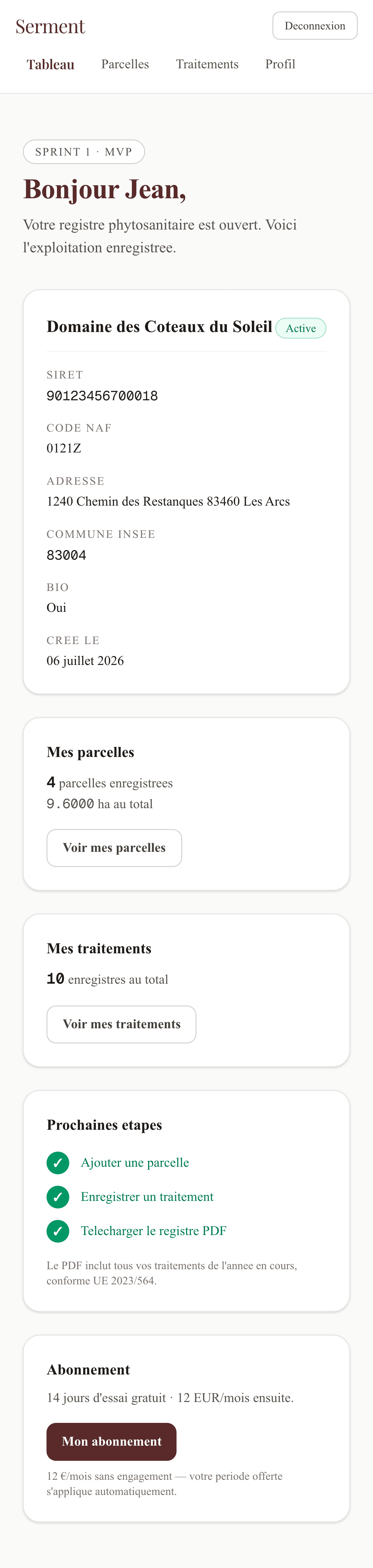 Tableau de bord Serment sur iPhone