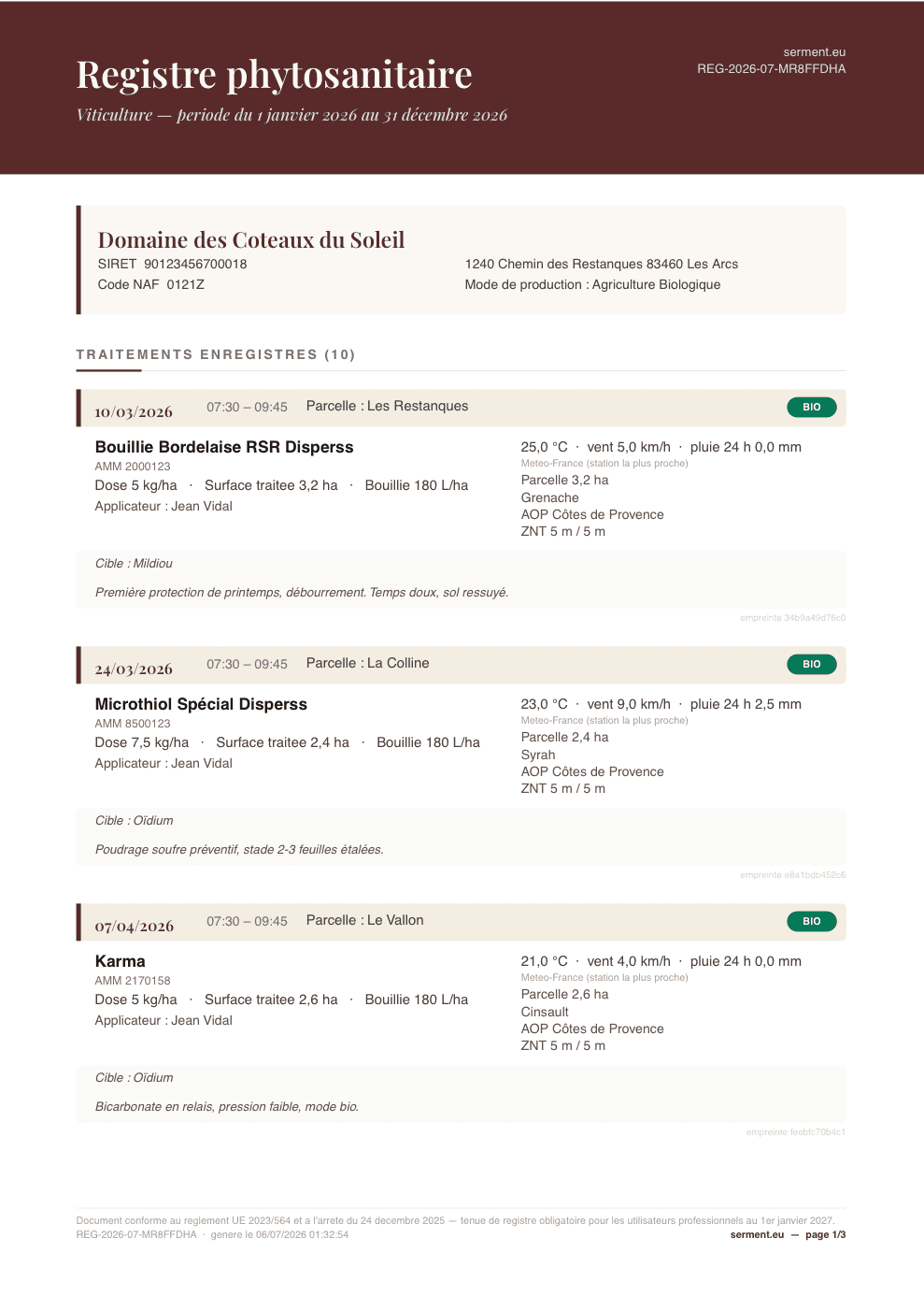 Aperçu du registre phytosanitaire PDF généré par Serment